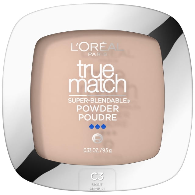 L'Oréal Paris True Match Powder 9.5 g in C3 Light Medium shade, compact with reflective silver frame and beige powder visible through clear lid, providing blendable, natural finish face powder foundation for smooth coverage and shine control.