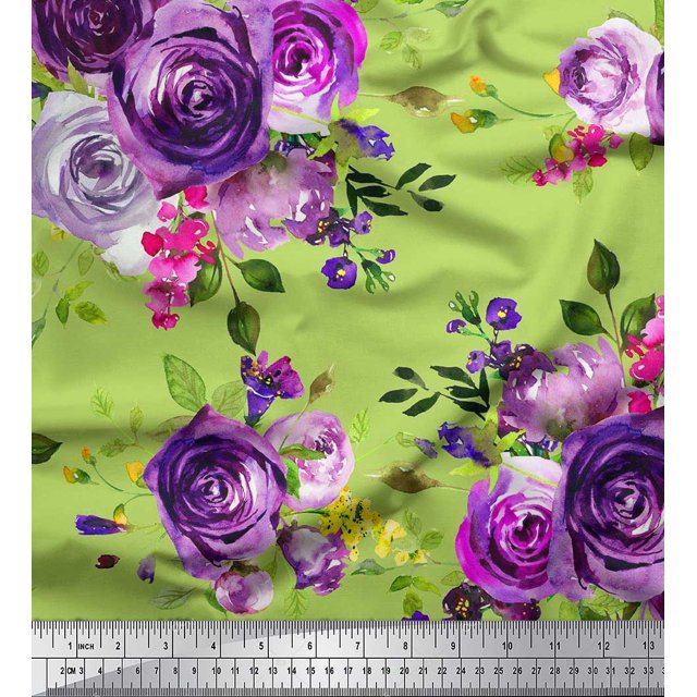 Soimoi Tissu Poly Georgette Feuilles et Imprimé de Fleurs de Roses, Tissu au Mètre, 52 Pouces de Large