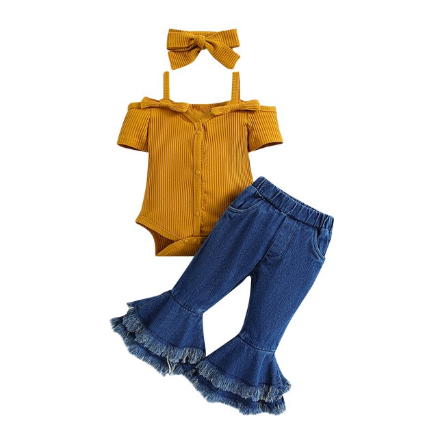 Yuyuzo Newborn Baby Girl Clothes Set Ribbed Knit Button down Romper Flare Jeans Infant Outfits with Headband