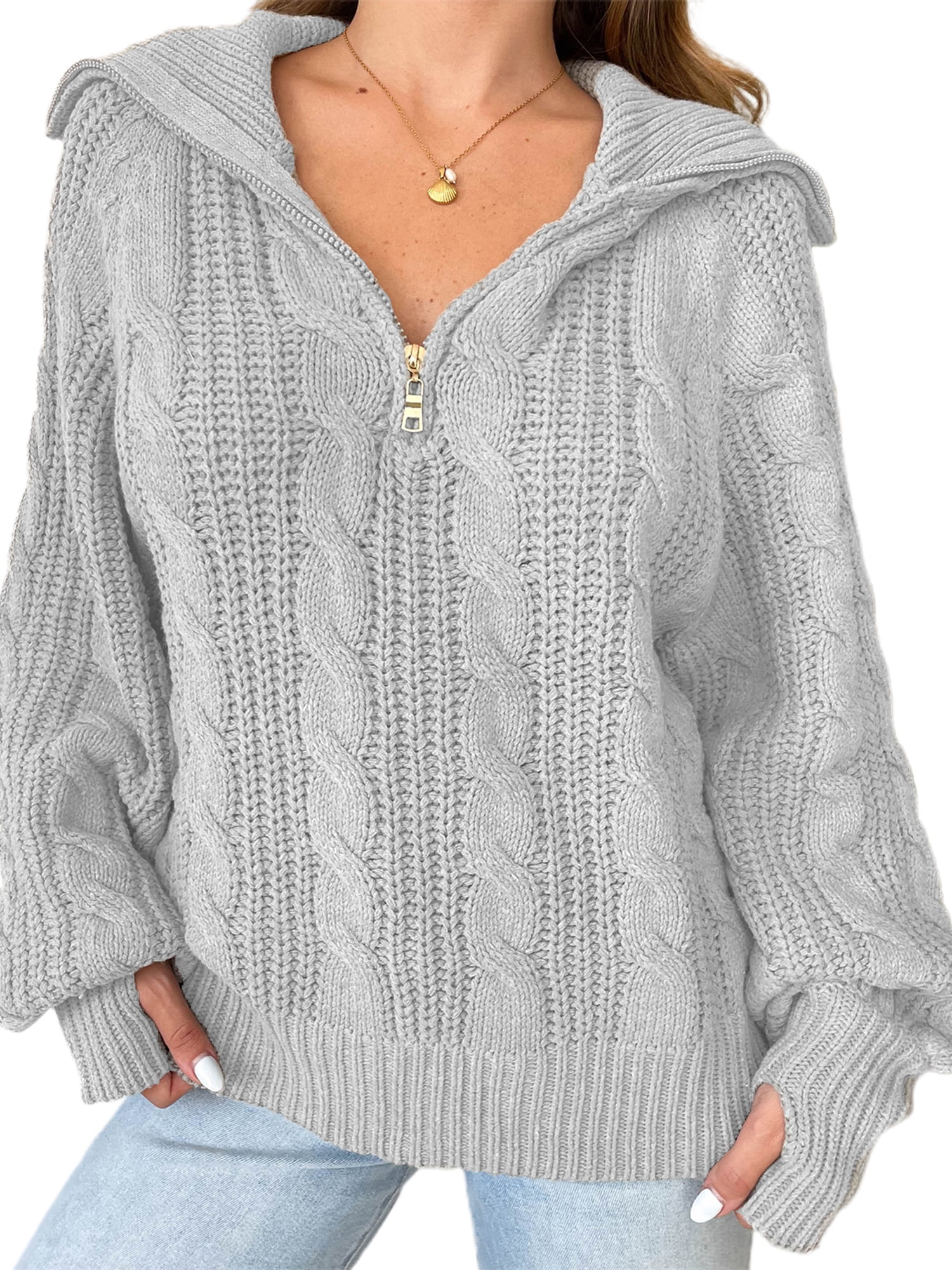 Gupgi Sweaters for Women Trendy Zip Up Long Sleeve Solid Color Sweater Tops Fall Lapel Cable Knit Pullover