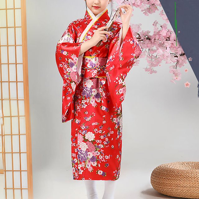 EGNMCR Mode Kimono pour Filles Tradition Améliorée Impression Cardigan Pyjama Robe Formelle Ensemble Kimono Serveur Fille