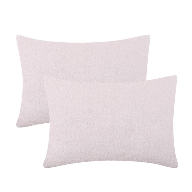Beco Home Terry Pillowcase Pairs Marshmellow Pink showing two rectangular pillowcases in soft blush pink terry knit fabric with textured surface, made of 80% cotton and 20% polyester, machine washable and anti-pill, suitable for bedding with a spa-like feel.