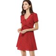 thumbnail image 3 of INSPIRE CHIC Robe Trapèze à Fleurs pour Femme, Col en V à Nouer, Manches Courtes, Volants, m Rouge, 3 of 7