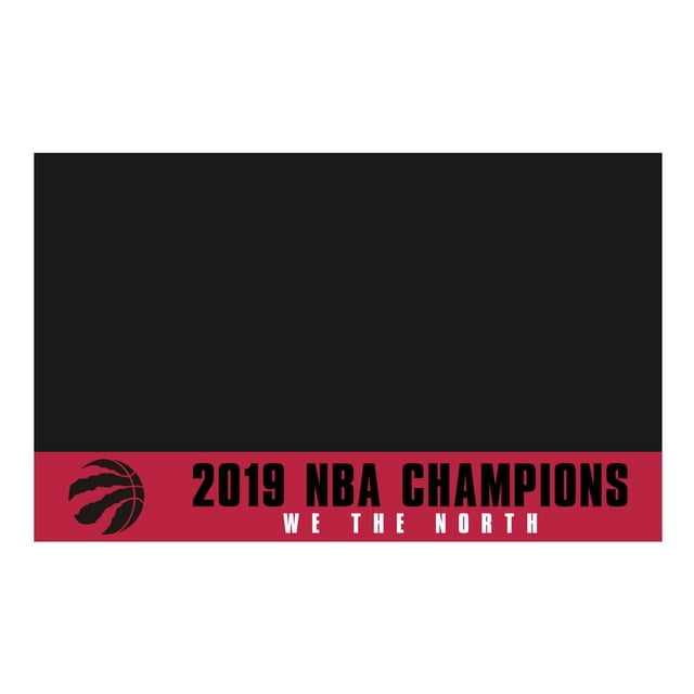 Fanmats NBA Champion Toronto Raptors Grill Mat made of black 100% vinyl with a red bottom border displaying the Raptors claw basketball logo, '2019 NBA Champions' in black text, and 'We The North' in white, designed to protect outdoor decks and patios from grill spills.