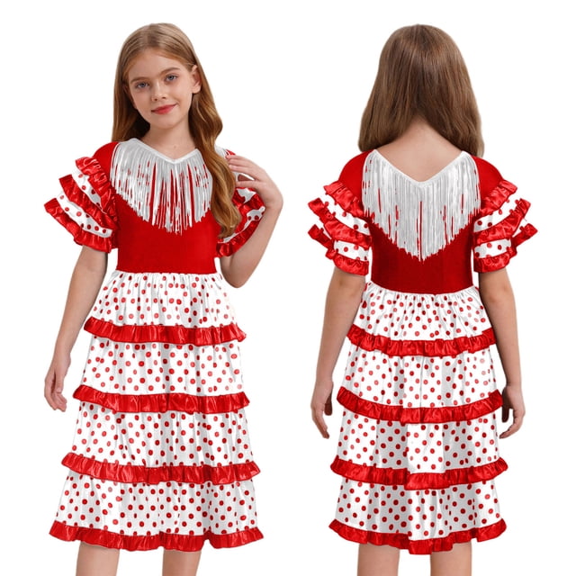 RUNQHUI Robe de Festival pour Filles Robe Flamenco Espagnole à Franges Jupe Maxi Lyrique à Volants Blanc 16
