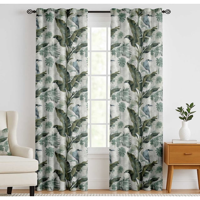 Vargottam Cotton Curtains for Windows - 3-in-1 Rod Pocket/Back Tab Short Window Drapes - Light Filtering Cotton Panels - Set of 2, 52"x63" - Tropical Leaves And Bird Print (Green)