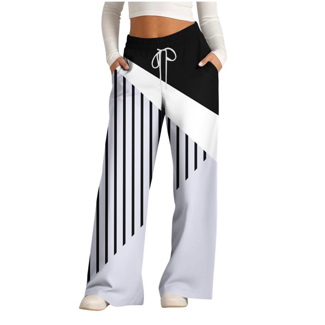 Pants for Women, Womens Fashionable Striped Printed Drawstring Wide Leg Pants