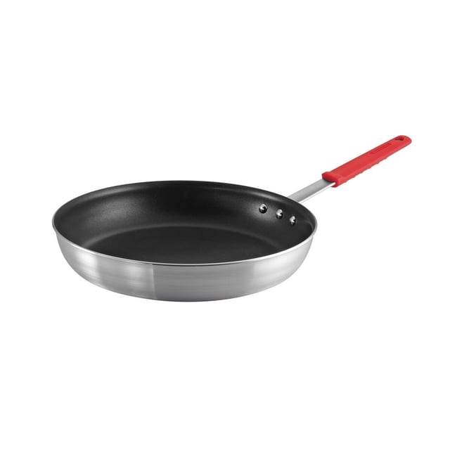 Tramontina Professional 14-Inch Non Stick Extra Large Frying Pan, a restaurant-grade skillet with heavy-gauge aluminum construction, reinforced nonstick coating, and a red silicone soft-grip handle. Ideal for frying, sautéing, and searing, compatible with gas, electric, and ceramic glass cooktops, and oven-safe up to 400°F. NSF certified and dishwasher-safe.
