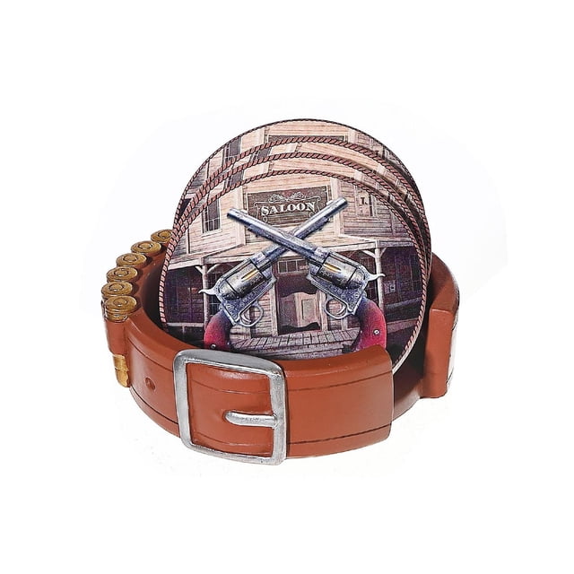 IH Casa Decor Ensemble de 4 Coasters Western avec Support Présentant Quatre Coasters en Polyrésine au design de saloon vintage et de revolvers Croisés, Tenus dans un Support de Style Ceinture Brun avec une Boucle Argentée et des Détails de Balles, Convient pour les Repas et les Réceptions à la Maison Campagnarde.