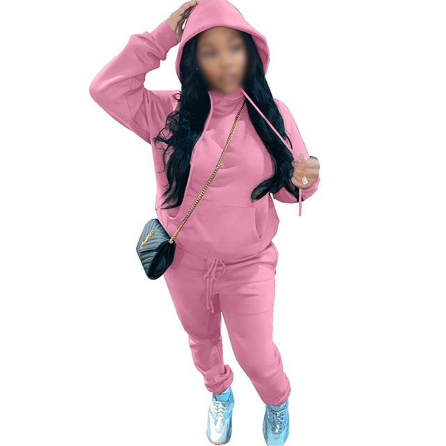 MAWCLOS Ladies Two Piece Outfit Drawstring Tracksuit Sets Long Sleeve Jogger Set Straight Leg Sports Hooded Neck Sweatsuits Pink 2XL