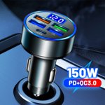 Estbridg 150W Chargeur de voiture rapide 4 Port Usb + Adaptateur universel de socket de type C