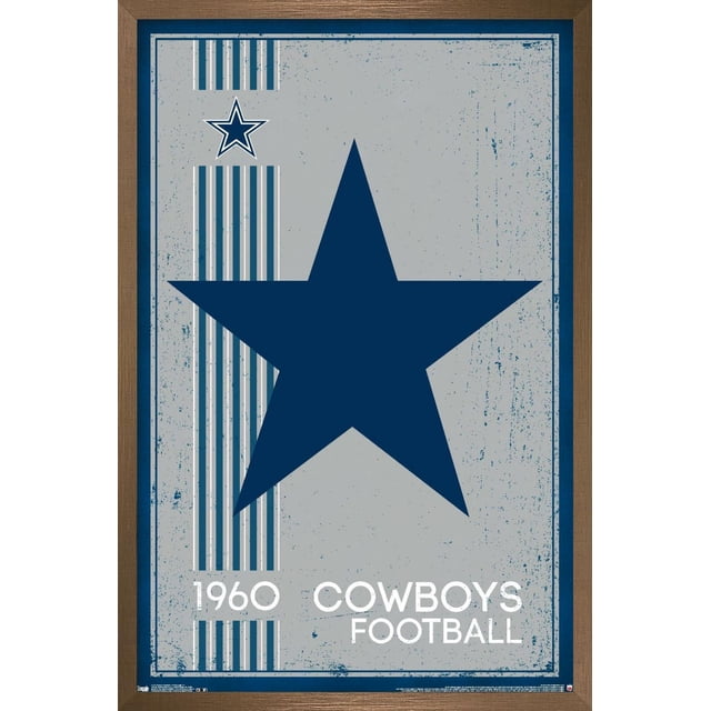 NFL Dallas Cowboys - Affiche Murale Logo Rétro 14, 22,375 Po x 34 Po art Mural Encadré Présentant une Grande Étoile Bleu Marine sur un Fond Gris Pâle Vieilli avec des Rayures Verticales et une Petite Étoile dans le Coin Supérieur Gauche, Texte Blanc Lisant « 1960 Cowboys Football », Ensemble dans un Cadre en Bois Brun Moyen, Convient à la Déco de la Maison, au Bureau Ou aux Chambres de Fans de Sport.