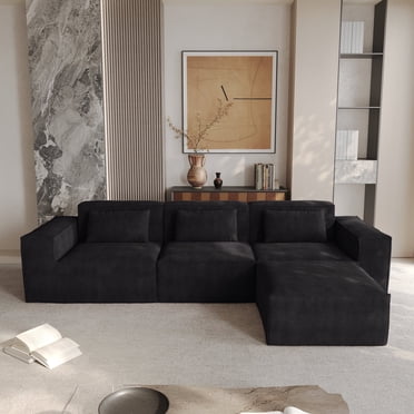 Sodrens Canapé Sectionnel Modulaire Moderne de 118,12 Pouces, Canapé en L avec Coussins, Canapé Confortable à Assises Profondes pour Salon, Appartement (Canapé 3 Places avec Ottoman, Noir)