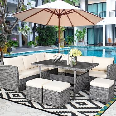 Costway Ensemble de Salle à Manger en Rotin pour Patio 7 Pcs Canapé Sectionnel Sofa Ottoman Jardin Blanc