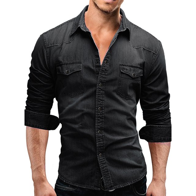Kmbangi Men's Casual Denim Shirts Solid Color Long Sleeve Lapel Button Tops for Party Spring Autumn