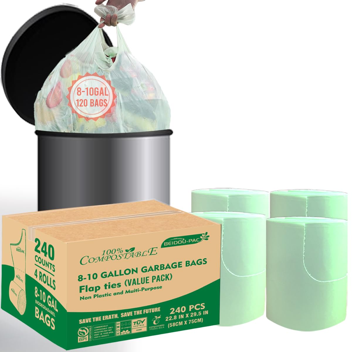 BEIDOU-PAC 8-10 Gallon Flap Tie Compostable Trash Bags, 240 Count, Compost Bags Kitchen Trash Bags, Sturdy Biodegradable Garbage