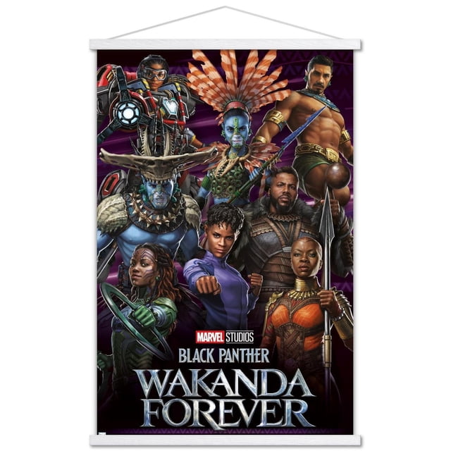 Marvel Black Panther : Wakanda Forever - Affiche Murale de Groupe, 22,375 Po x 34 Po, Présentant Sept Personnages en costumes Tribaux Détaillés et Blindés sur un Fond à Motifs Violet Foncé. le logo des Studios Marvel et le Titre du Film Apparaissent au Bas. Cette Affiche Brillante Est Idéale comme art Mural pour Chambres, Bureaux Ou Espaces de Vie.