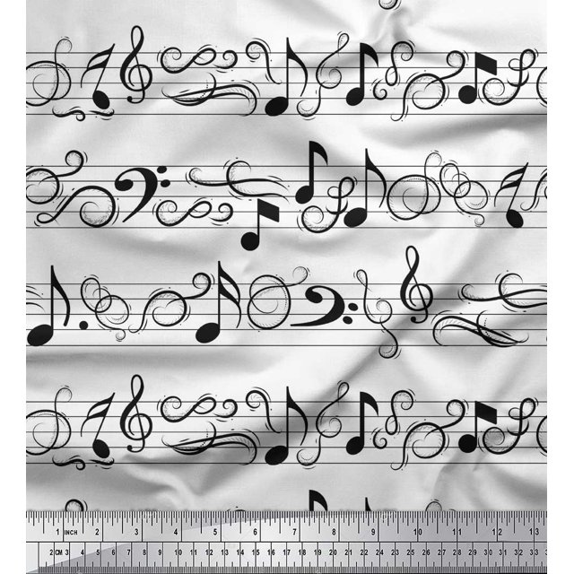 Soimoi Tissu Crêpe polyester Blanc Notes Imprimé Instrument de Musique Tissu au Mètre 52 Pouces de Large