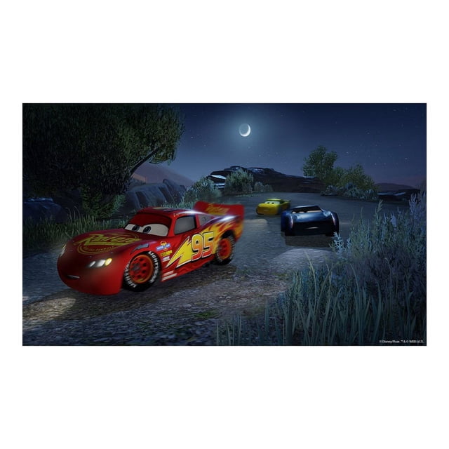 Cars 3: Driven to Win for Nintendo WiiU - Wii U game cover featuring Lightning McQueen and other characters racing on a moonlit track. The image highlights the vibrant red car with the number 95, alongside two other racers in a scenic nighttime setting. This game by WB Games offers six thrilling modes, stunts, tricks, and power-ups for an engaging racing experience.