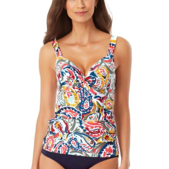 Anne Cole Tankini à Armatures à devant Torsadé à Motif Cachemire Aquarelle pour Femme - Blanc Multicolore - 36D34DD