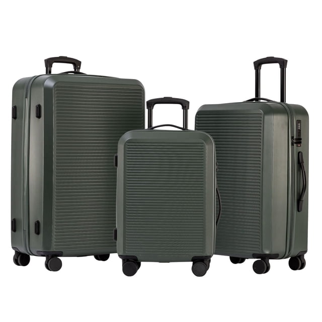 3-Piece Hardside Luggage Set including 28 inch and 24 inch large suitcases and 20 inch carry-on luggage in dark green ABS/PC with horizontal ridges, black locking telescopic handles, integrated TSA combination locks, and 360° spinner wheels for easy maneuverability, suitable for efficient travel packing.