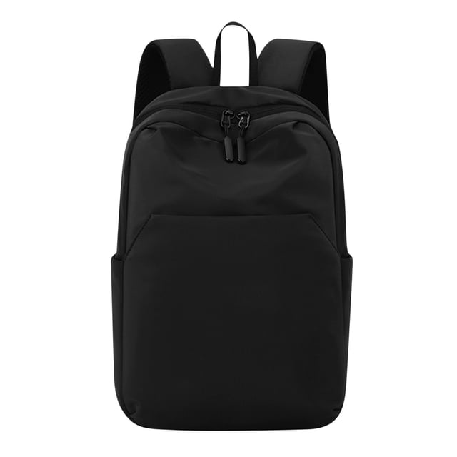 RXIRUCGD Classic Basic Black Backpack for Women, featuring a solid black nylon design with a front pocket, main compartment, and side pockets. Lightweight, waterproof, and wear-resistant, this multi-purpose daypack is ideal for high school, college, travel, and casual use. Dimensions: 33x22x11cm. Suitable as an emergency spare bag for travel.