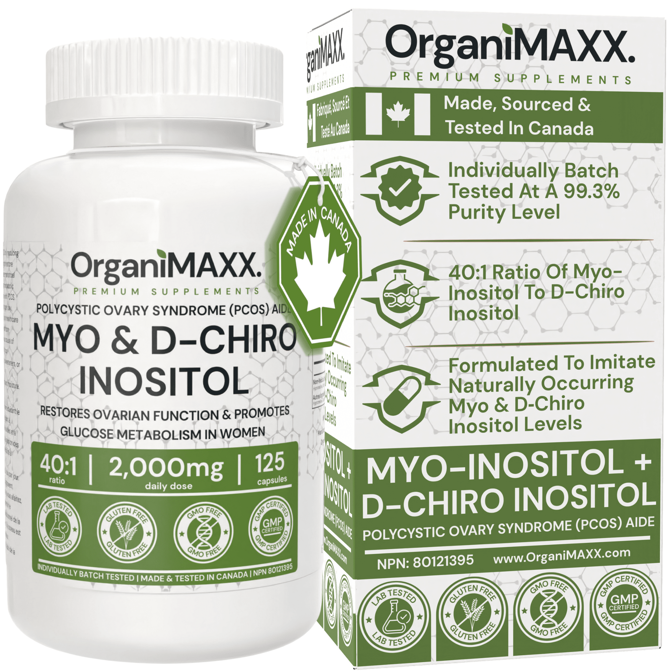 Myo-Inositol & D-Chiro Inositol Capsules | Max Strength 125 Capsules 2,000mg Daily Dose. PCOS Supplement For Women 40:1 Ratio