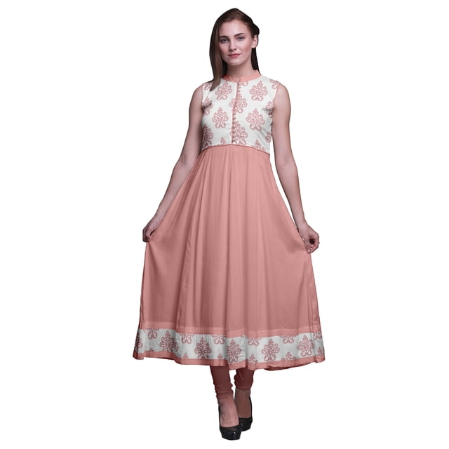 Bimba Robe Anarkali à Col Mandarin Imprimée Ikat Pêche pour Femmes, Kurta Ethnique Indienne X-Small