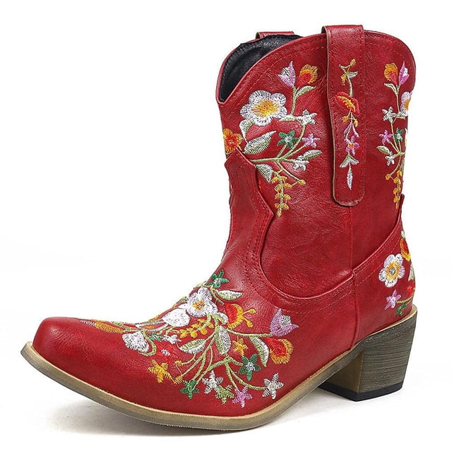 jsaierl Women Fashion Embroidered Cowboy Riding Boots Casual Warm Middle Heels Middle Tube Short Boots Shoes