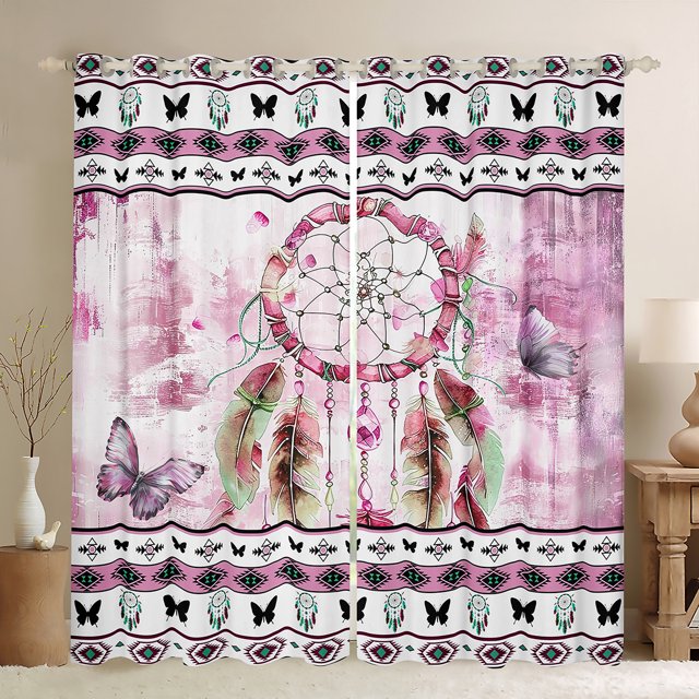 YST Rideaux et Draperies Attrape-Rêves Bohèmes pour Filles Femmes Rideaux Occultants Ombrés Roses, Rideaux Boho Dégradés Aztèques Chic Papillon Rideaux Occultants, Draperies de Fenêtre Esthétiques Abstraites
