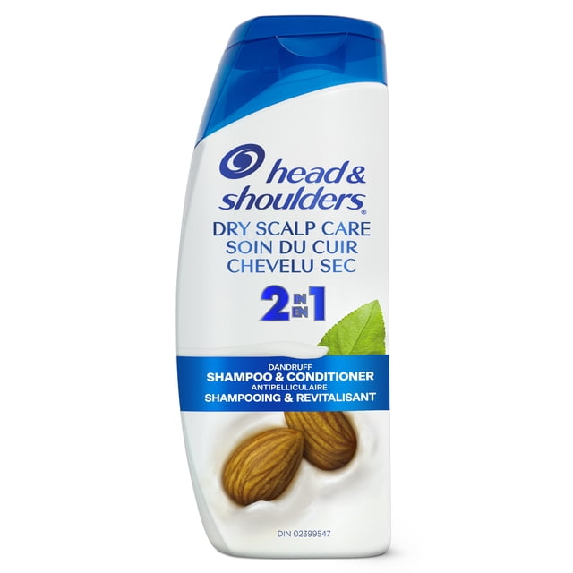 Head & Shoulders Cuir Chevelu Sec 2-en-1 Bouteille de Shampoing + Revitalisant Antipelliculaire avec Corps Blanc et Bouchon Bleu, avec des Noix en Amande et une Feuille Verte sur l'Étiquette, Cliniquement Prouvé pour Soulager le Cuir Chevelu Sec et Qui Démange, Contrôler les Pellicules et Hydrater les Cheveux.