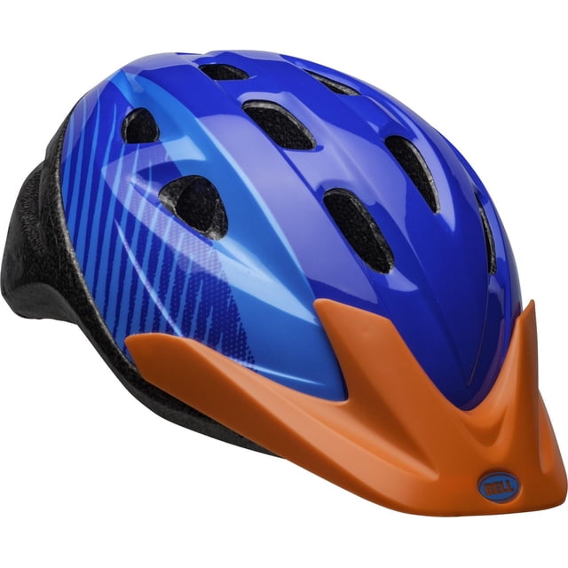 Bell Sports RallyTM Casque de Vélo pour Enfant Bleu avec Visière orange, Doté de 16 Évents, Ajustement Véritable en 1 Étape, Boucle Sans Pincement et Réflecteurs Arrière pour une Visibilité Accrue, Montré en Vue avant 3/4 avec Rembourrage Intérieur Noir.