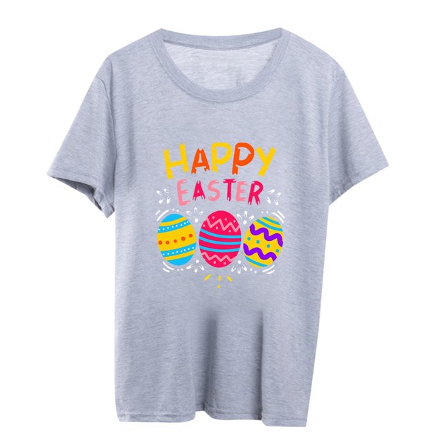 TSADFHJI Hauts Mignons pour Femmes Manches Longues Joyeuses Pâques Imprimé Lettre Œuf Col Rond T-Shirt Décontracté Manches Courtes TG Gris