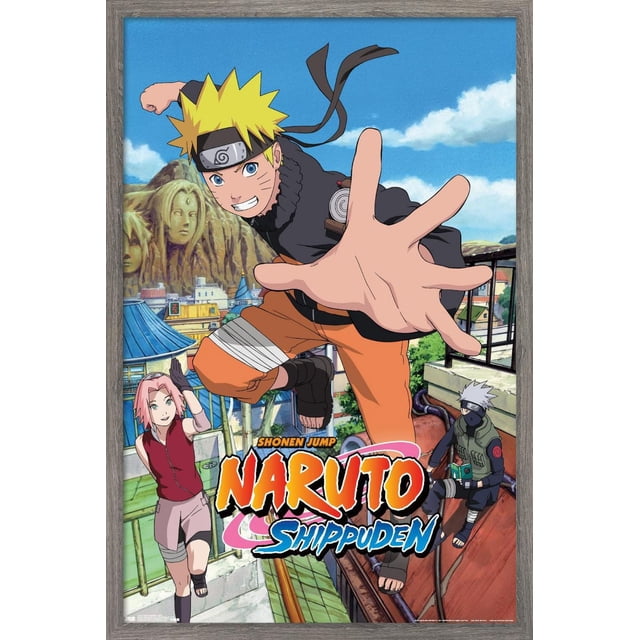 Naruto Shippuden - Affiche Murale « Jump », 22,375 Po x 34 Po Mettant en Vedette Naruto Uzumaki en pose d'Action Portant Sa Tenue de ninja orange et Noire avec un Bandeau, Se Tendant vers l'Avant. Sakura Haruno Se Tient à Gauche en Haut Rouge et shorts Roses, et Kakashi Hatake s'Asseoit sur un Toit vers la Droite en Gilet Vert et Vêtements Sombres. l'Arrière-plan Montre le Village de Feuilles Caché