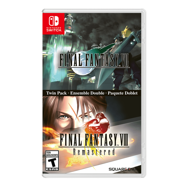 FINAL FANTASY VII & FINAL FANTASY VIII Remastered Twin-Pack (Nintendo Switch) Centré, Vue Frontale de la Cartouche Simple Switch et Pochette de Vente au Détail pour le Twin-Pack Remastered, Notant la collection de JDR Remastered, options de Jeu Telles Que 3x la Vitesse et Aucune Rencontre Aléatoire, et Que le Paquet Est une Cartouche Unique Sans Téléchargement Requis; Souvent Choisi pour Offrir Ou Exposer.