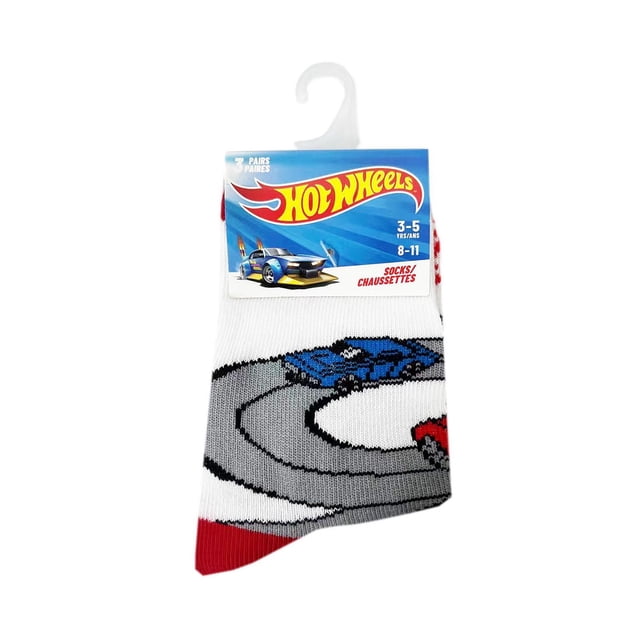 Hot Wheels Knit socks 3 pack - Toddler - Boys featuring white crew socks with grey racetrack and blue and red race car graphics, red toes, and Hot Wheels branded packaging, sized for ages 3-5 and 8-11 years, suitable for daily wear and play.