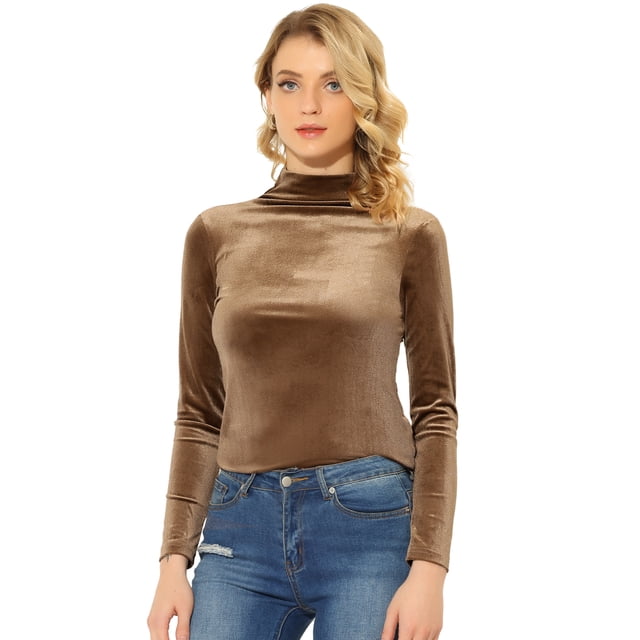 INSPIRE CHIC Chemise à Manches Longues pour Femme Col Montant en Velours Extensible Col Roulé Blouse Basique Hauts Caramel L