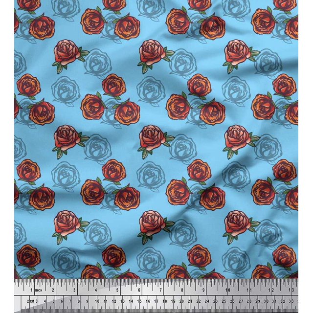 Soimoi Tissu en Poly Georgette Bleu Imprimé Feuilles & Roses Tissu de Couture au Mètre 42 Pouces de Large