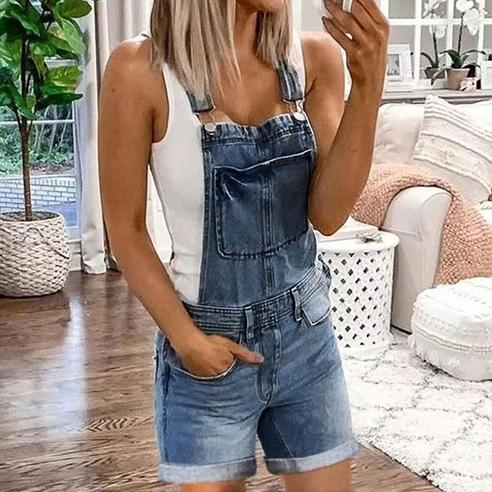 LOVZFMLL Combinaison Courte Décontractée pour Femme à Imprimé avec Poches, Bretelles, Camisole, Bleu, TG