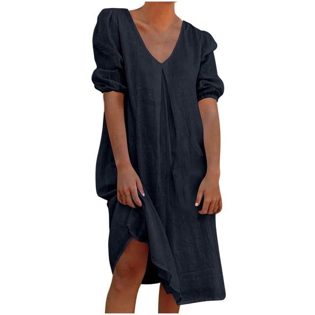 Liquidation d'Été 2025! Robe pour Femme Grande Taille, Liquidation de Robes d'Été pour Femmes, Combinaison d'Été pour Femme en Coton et Lin à Manches Courtes, Col en V, Manches Courtes, Jupe Longue