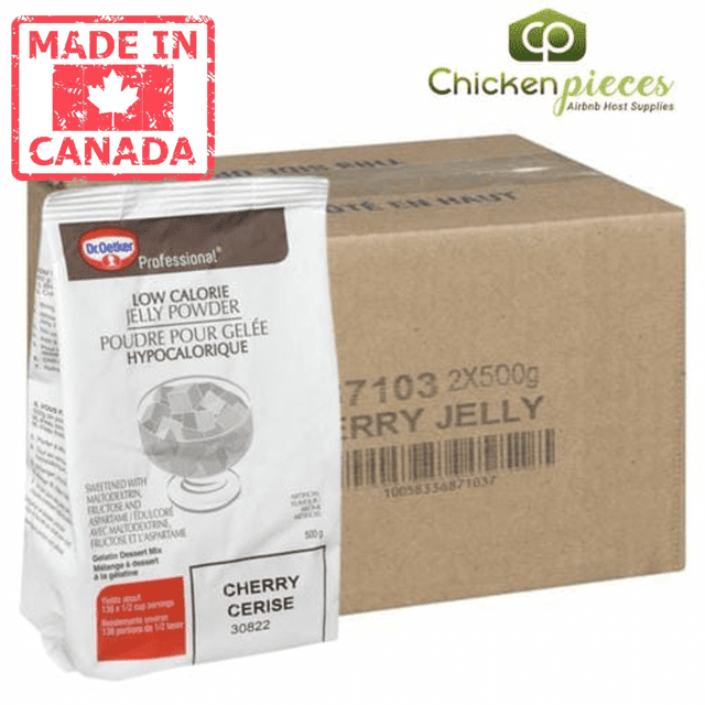 Oetker Gelatin Powder Cherry Low Calorie 500g/1.10Lbs (2/Case), a Canadian-made low-calorie gelatin mix with bold cherry flavor, packaged in a white bag with bilingual labeling. Positioned next to a brown box labeled 'Cherry Jelly,' perfect for light desserts and fruit molds.