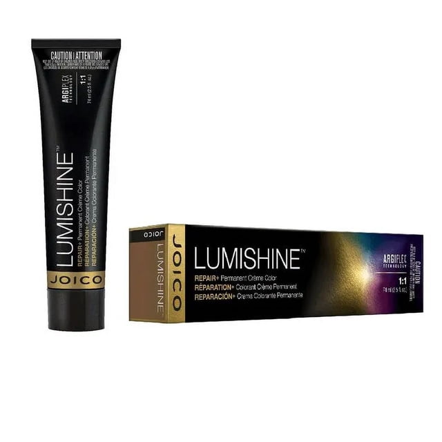 Joico Lumishine Permanent Creme Color in 9NW Natural Warm Light Blonde, featuring ArgiPlex Technology for enhanced shine, reduced breakage, and healthier-looking hair. The image shows a 74ml tube and its matching box with branding and product details.