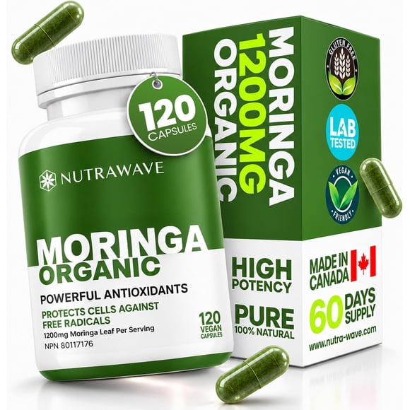 Nutrawave Moringa Biologique 1200 mg – Antioxydant et Soutien Quotidien du Bien-être, Superaliment d'Origine Végétale, 120 Capsules Véganes, non-OGM, Sans Gluten, Fabriqué au Canada