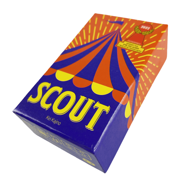 Scout Card Game for 2-5 players, a funny circus-themed family board game deck. The packaging features vibrant red, yellow, and blue circus tent graphics with bold yellow 'SCOUT' text. Suitable for kids and families, this card game is designed for engaging group play.
