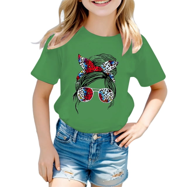 LUOGENLI T-Shirt pour Filles Enfant Filles Mignon Imprimé Graphique Col Rond Manche Courte Tee Été Décontracté T-Shirt Maxi Hauts Ensemble Volant Vert 8-9 Ans