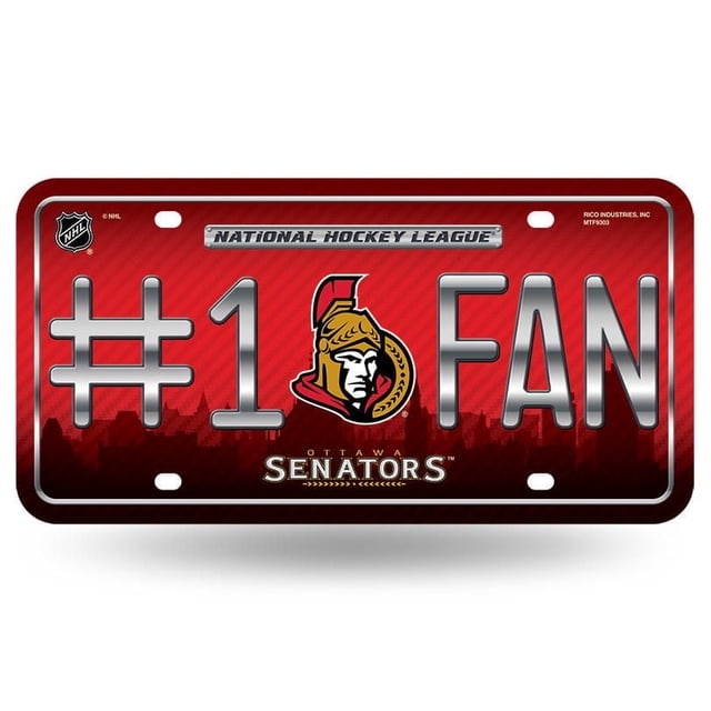NHL Ottawa Senators License Plate with a red background featuring diagonal stripes and a city skyline silhouette. It displays large silver metallic text '#1 FAN' with the official Ottawa Senators logo centered between the number and letters. The top includes a silver 'National Hockey League' banner and the NHL shield logo in the top left corner. Made of durable metal with a high gloss vinyl finish, measuring 6 by 12 inches with pre-drilled holes for mounting. Also suitable for hanging as sports fan decor in offices or man caves.