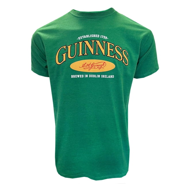 Guinness Green Marled Established 1759 T-Shirt featuring a vibrant green marled fabric with a round neckline and short sleeves. The front displays the Guinness logo in bold yellow and white text, along with 'Established 1759' and 'Brewed in Dublin Ireland' details. Made from 100% cotton, this men's t-shirt is designed for comfort and everyday wear.