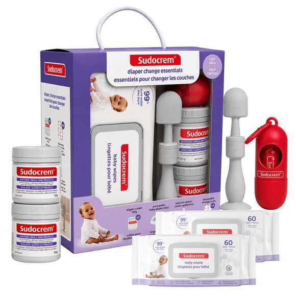 Ensemble-cadeau Sudocrem® pour le change - 2 paquets de 60 lingettes | 2 tubes de 125 g de crème pour l'érythème fessier | 1 applicateur de crème pour l'érythème fessier | 4 matelas à langer jetables