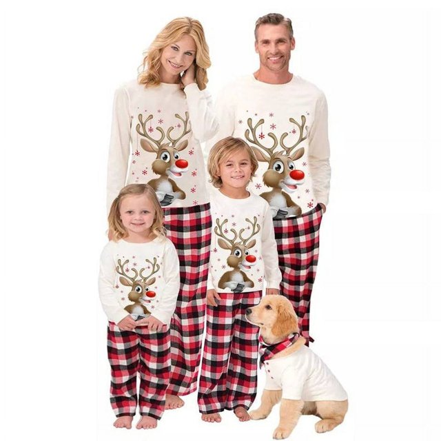 Family Christmas Elk Pattern Round Neck Long Sleeves Pajamas Trousers