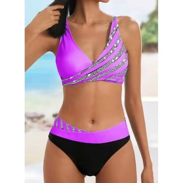 TIMIFIS Bikini Violet pour Femme Ensembles d'Été Maillot de Bain Deux Pièces Taille Haute Triangles Maillot de Bain Décontracté Plage